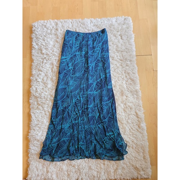 EXPRESS‎ Teal Navy Leaf Print Maxi Skirt Flowy Beach Vacation Resort Size S - Picture 2 of 10